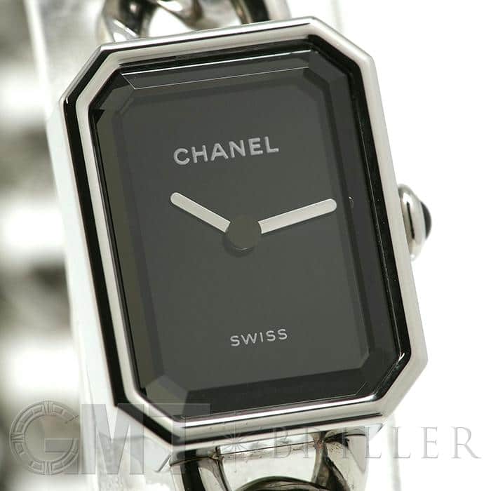 正常可動 美品 CHANEL シャネル H6254 プルミエール 腕時計 ブラック シルバー クォーツ ラバーベルト スイス製 黒文字盤 角型ケース TKK19681 ブラック シルバー チャーム付き 箱付き 新品)CHANEL シャネル プルミエール メタル チェーン ブラック H7019