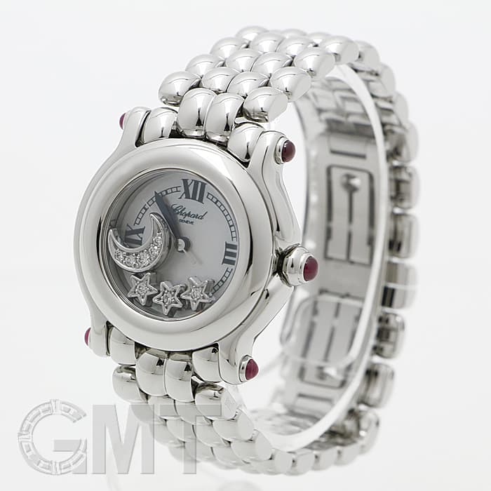 電池交換済 Chopard ショパール ハッピースポーツ 27/8250-21 純正ダイヤモンド ルビー 1ムーン&amp;2スター ピンク シェル SS ステンレス レディース クォーツ【6ヶ月保証】【腕時計】【中古】 27/8250-21 ハッピースポーツ ムーンスター 中古 ｜ ショパール