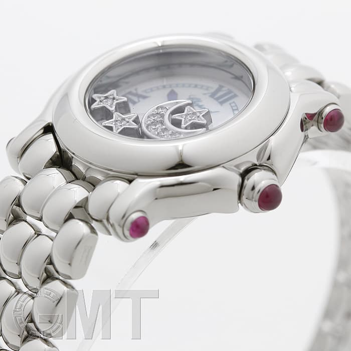 電池交換済 Chopard ショパール ハッピースポーツ 27/8250-21 純正ダイヤモンド ルビー 1ムーン&amp;2スター ピンク シェル SS ステンレス レディース クォーツ【6ヶ月保証】【腕時計】【中古】 Chopard】ショパール 27/8250-21 ハッピースポーツ ムーン＆スター