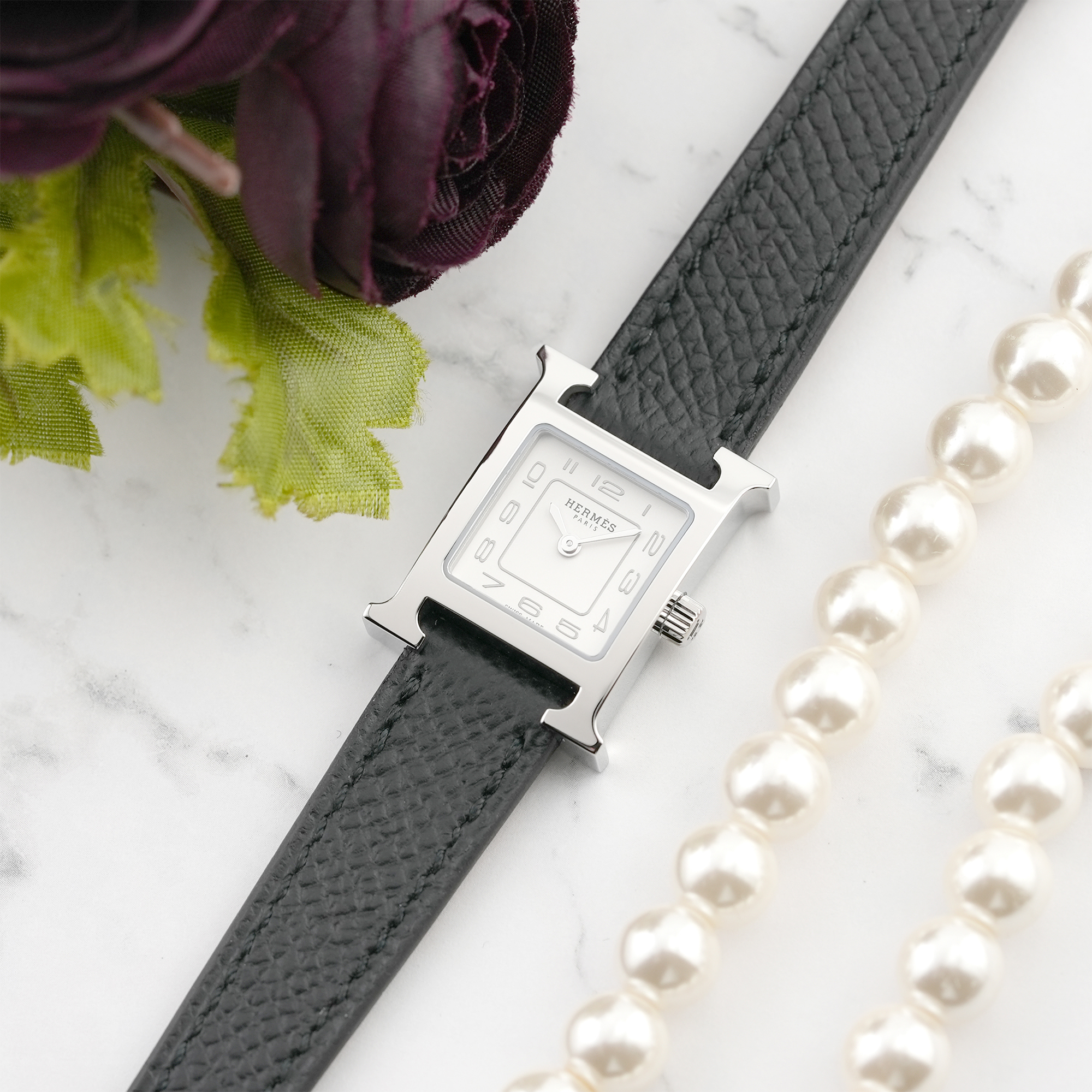 未使用)HERMES エルメス Hウォッチ ミニ ノワール シルバー HH1.110