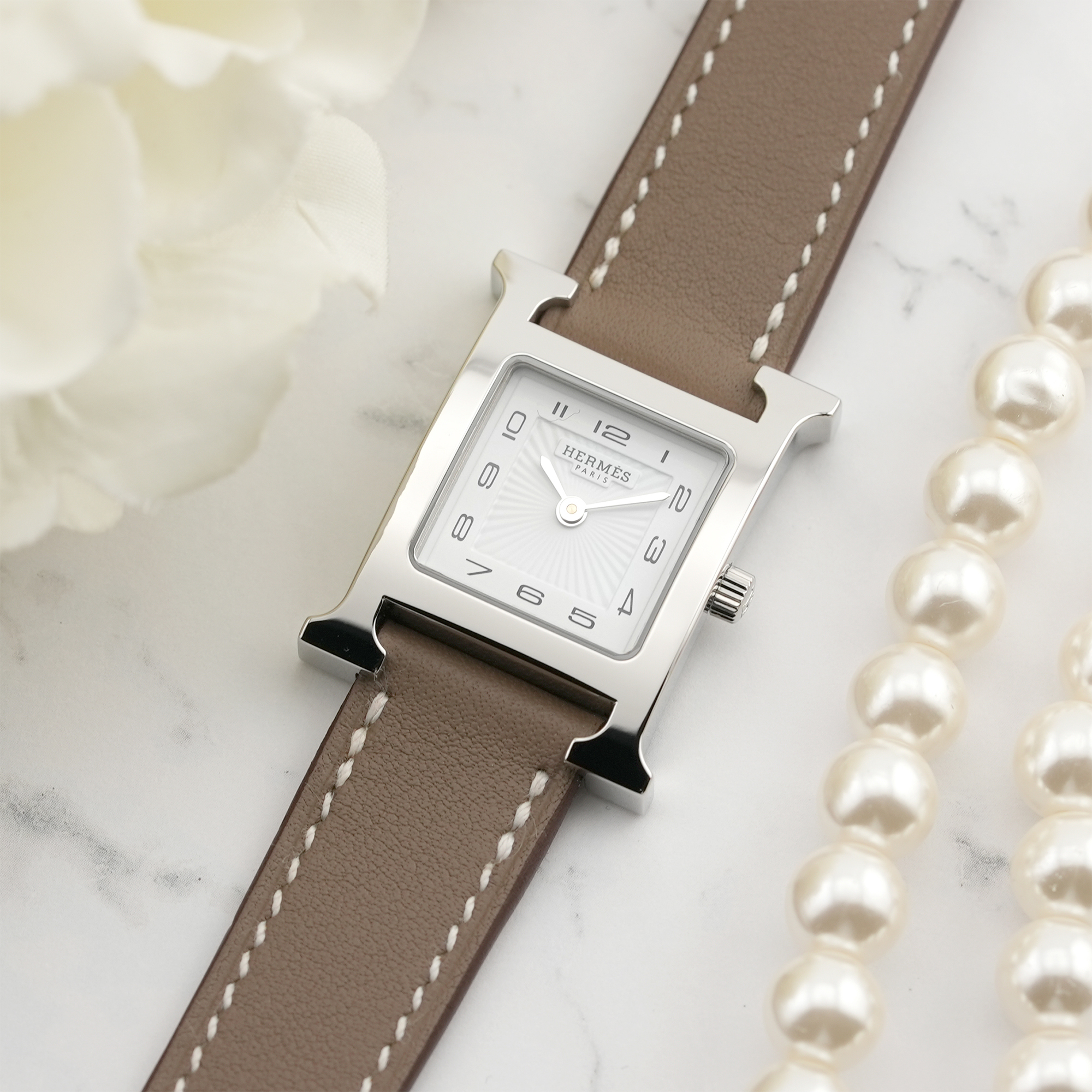 未使用)HERMES エルメス Hウォッチ PM エトゥープ シルバー HH1.210