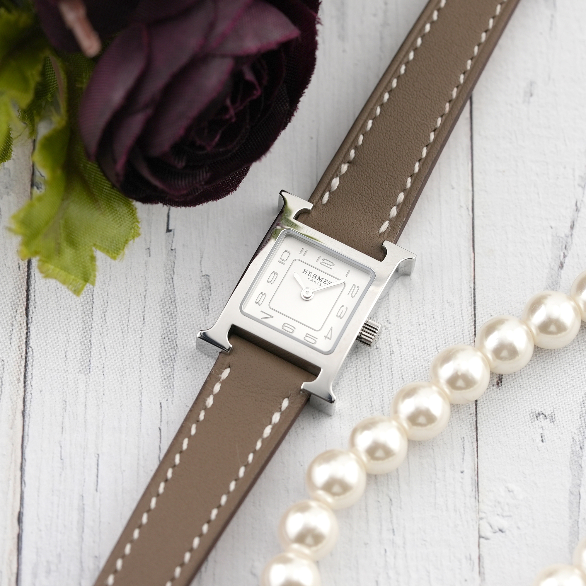 未使用)HERMES エルメス Hウォッチ PM シルバー エトゥープ HH1.210