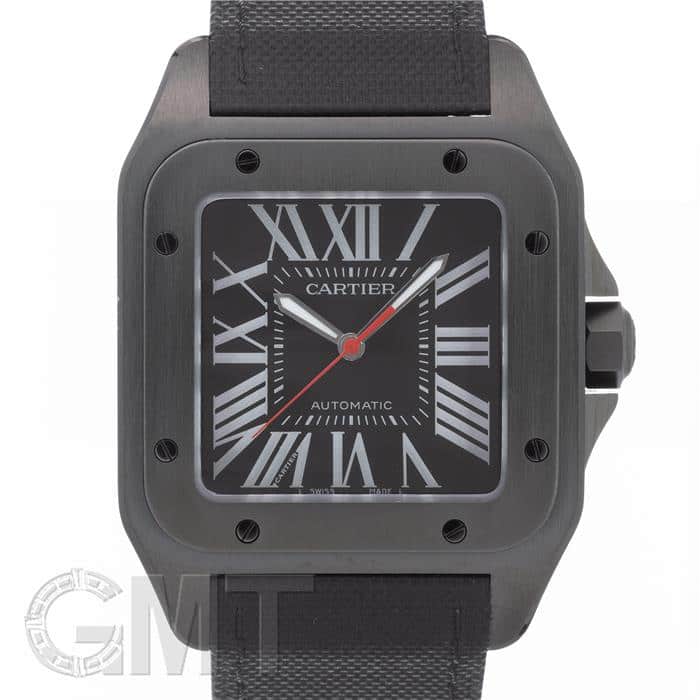 サントス100LM CARTIER 純正革ベルトクロコダイルカルティエブラック