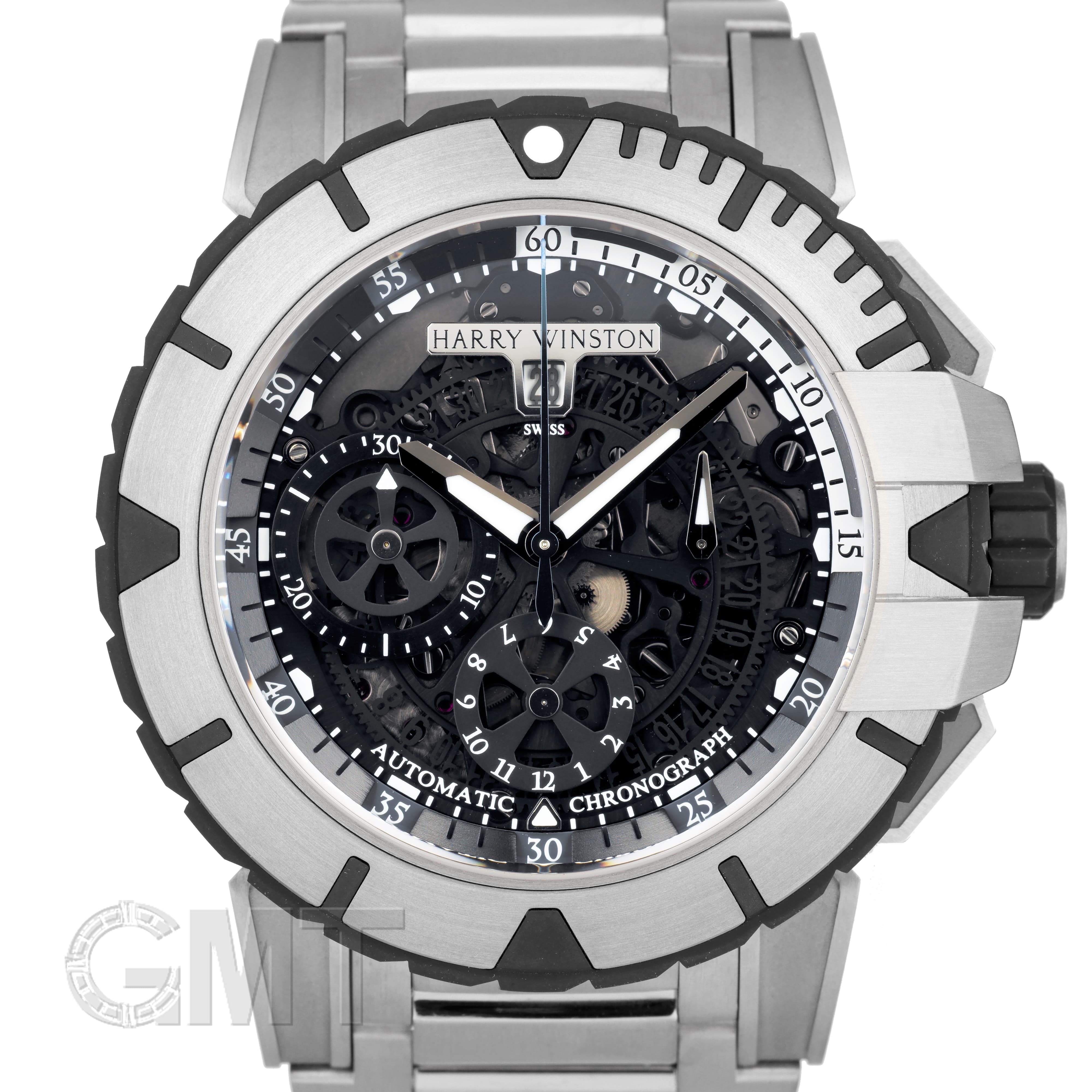 内部点検済 HARRY WINSTON ハリーウィンストン オーシャンスポーツ クロノグラフ ダイヤベゼル 411/LCA382/AD.D02 デイト グレー ダイヤモンド ザリウム 純正ベルト 純正尾錠 レディース 自動巻き【6ヶ月保証】【腕時計】【中古】 HARRY WINSTON - 内部点検済 HARRY WINSTON ハリーウィンストン