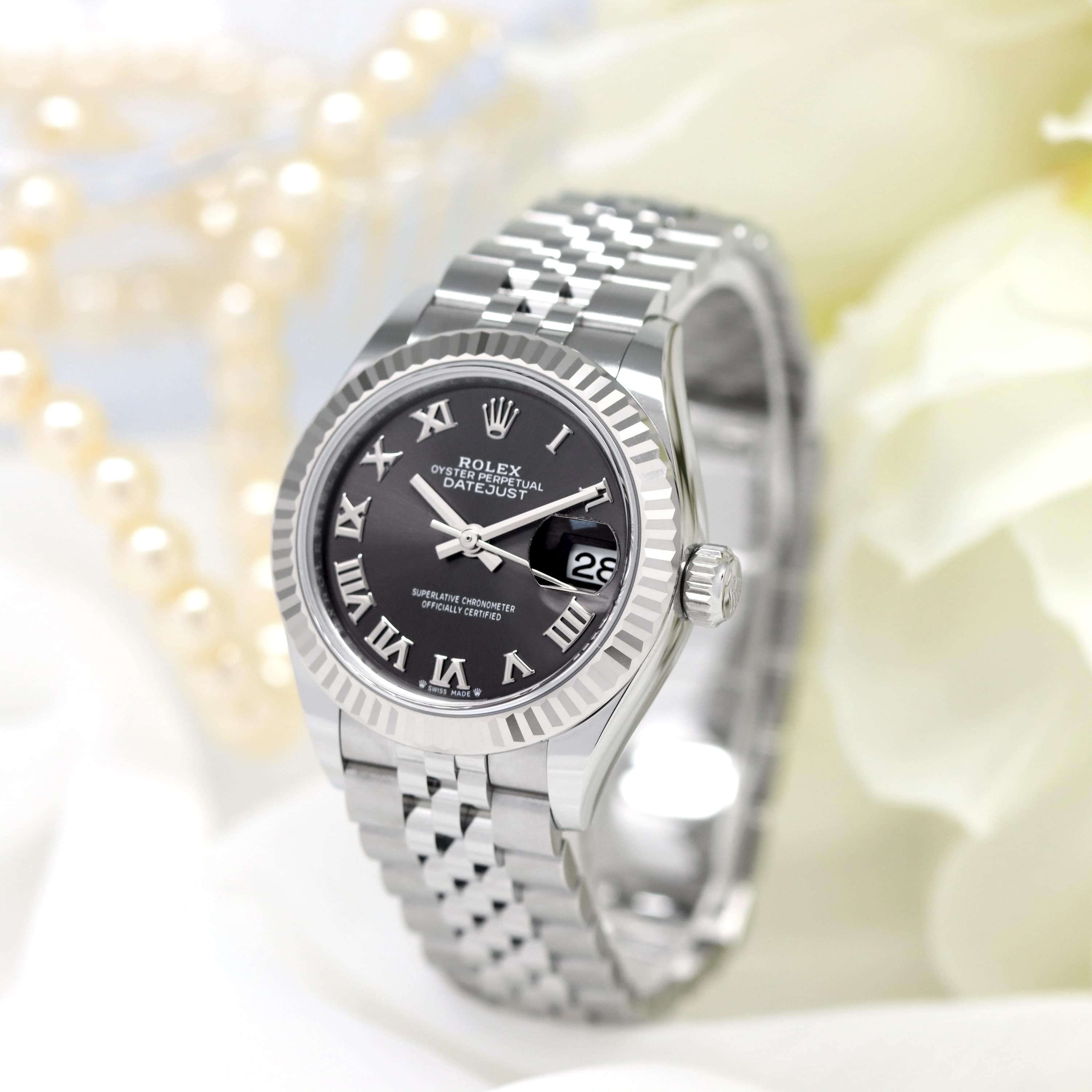 ロレックス Rolex 腕時計 レディ デイトジャスト28 279174 ランダムシリアル ルーレット刻印 サンレイ ダークグレー文字盤 フルーテッドべゼル 夜光インデックス デイト K18WG SS 自動巻き 【中古】 ROLEX - ロレックス Rolex 腕時計 レディ デイトジャスト28 279174