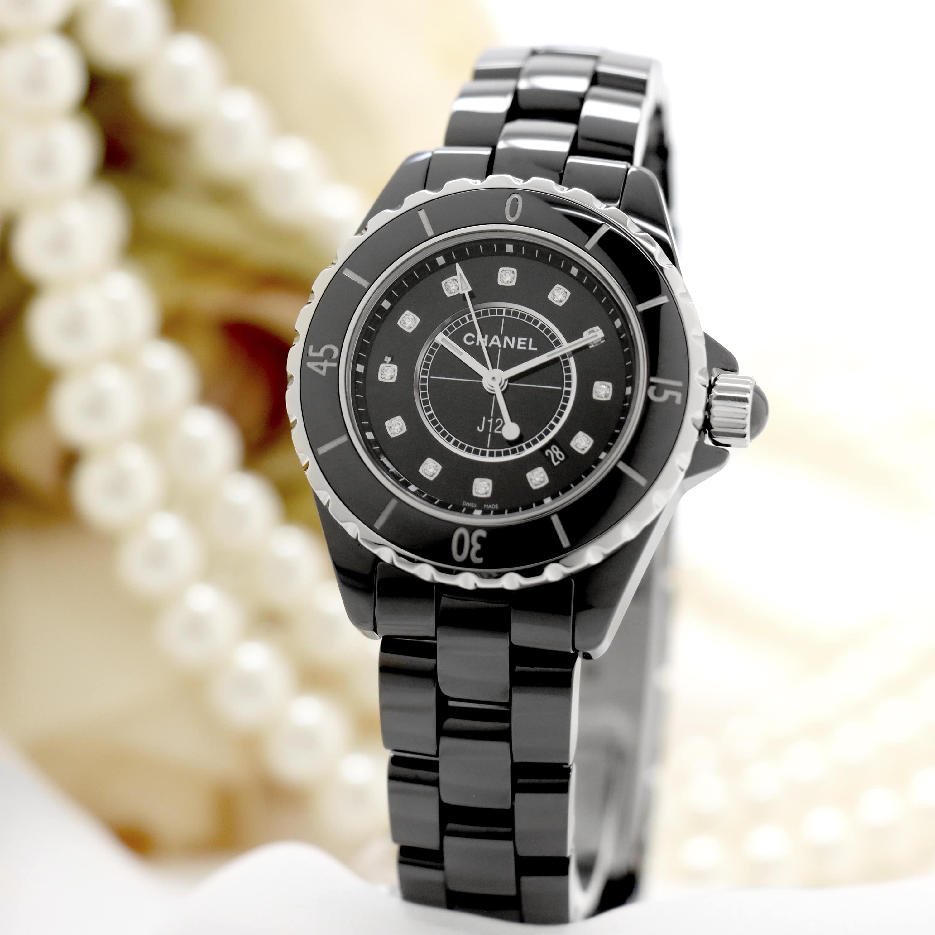 中古)CHANEL シャネル J12 ブラック セラミック 12Pダイヤ H1625 33mm 
