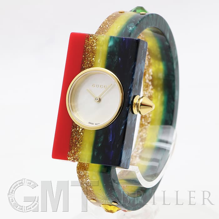 石枝火舵　　 GUCCI ゴールドバングル時計 虹色ロゴデザイン 新品)GUCCI グッチ YA143519 ビンテージ ウェブ ホワイトシェル