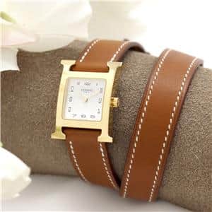 HERMES エルメス Hウォッチ HH1.201.131/VBA1 W036737WW00 ドゥブルトゥール ゴールドプレーテッド ナチュラルブラウン メイン