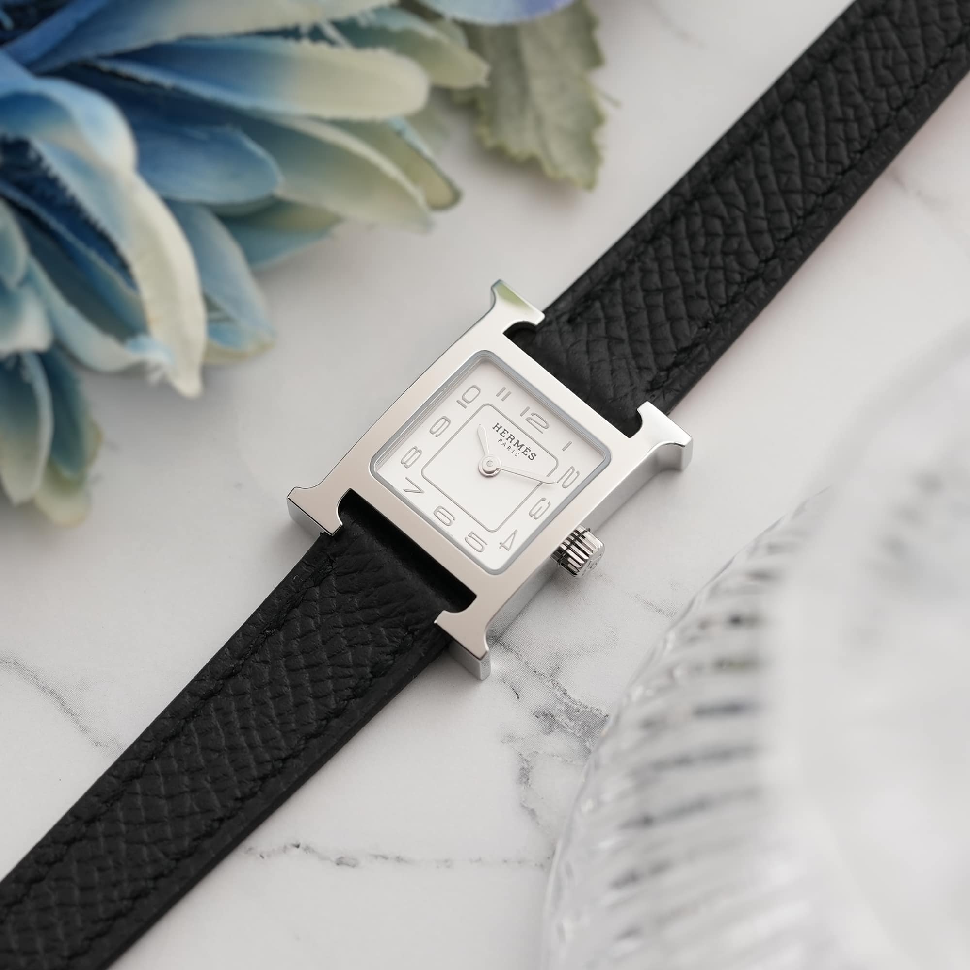 中古)HERMES エルメス Hウォッチ ミニ 21mm ノワール シルバー HH1