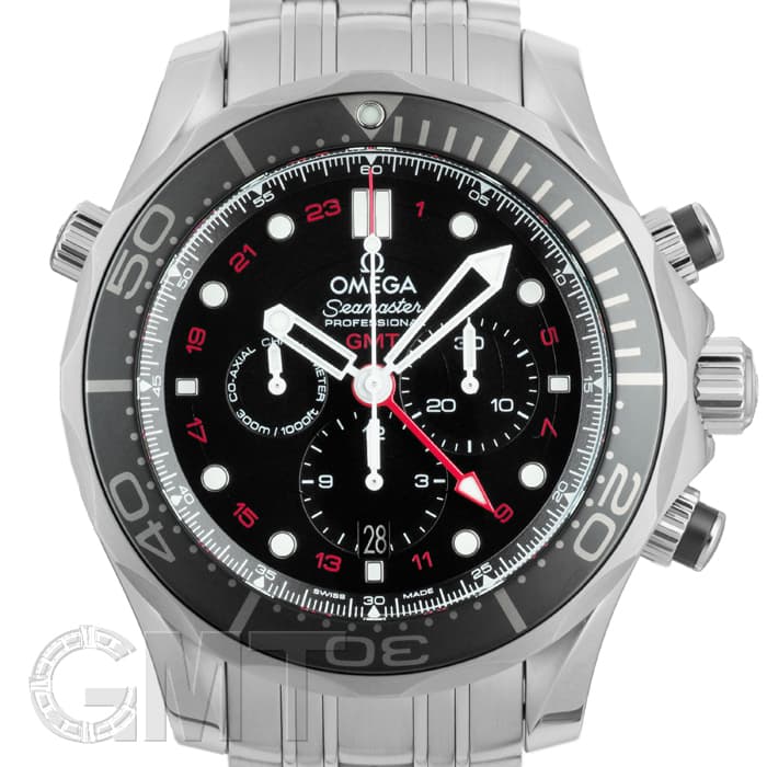 オメガ シーマスター ダイバー300M コーアクシャル GMT クロノグラフ 44mm Seamaster Diver 300M Co-Axial GMT Chronograph 212.30.44.52.01.001 箱 保証書 SS メンズ時計 ブラック 仕上げ済 美品 【中古】 新品)OMEGA オメガ シーマスター ダイバー300M GMT クロノグラフ