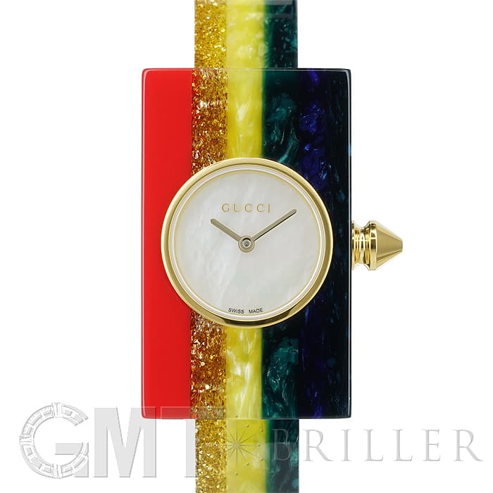 石枝火舵　　 GUCCI ゴールドバングル時計 虹色ロゴデザイン 新品)GUCCI グッチ YA143520 ビンテージ ウェブ ホワイトシェル